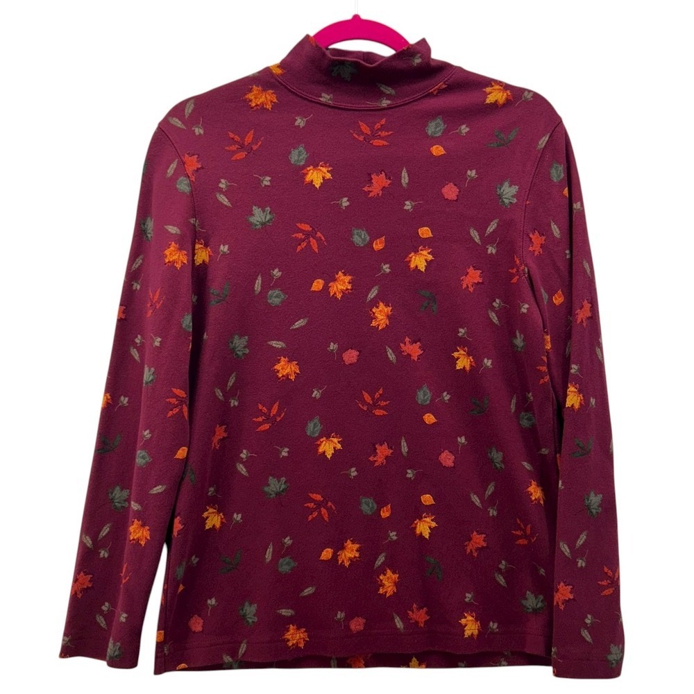 Croft & Barrow Petite Burgundy Autumn Leaf Print Mock Neck Cotton Top PM